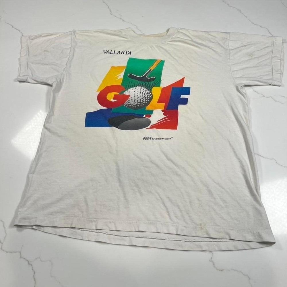Peter Mussfeldt Vallarta Golf T-Shirt Mens XL Vintage 80s Abstract Graphic White